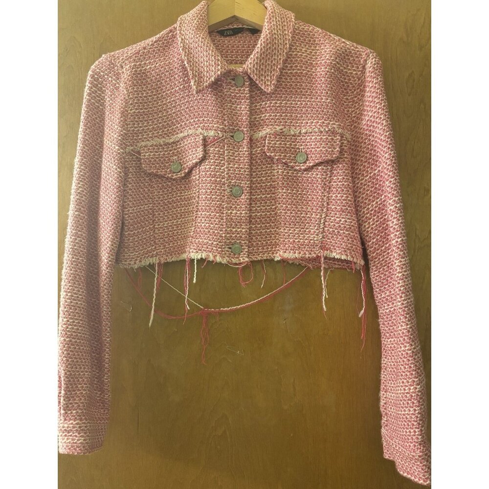 Zara Hot Pink & White Cropped Tweed Jacket Size Large